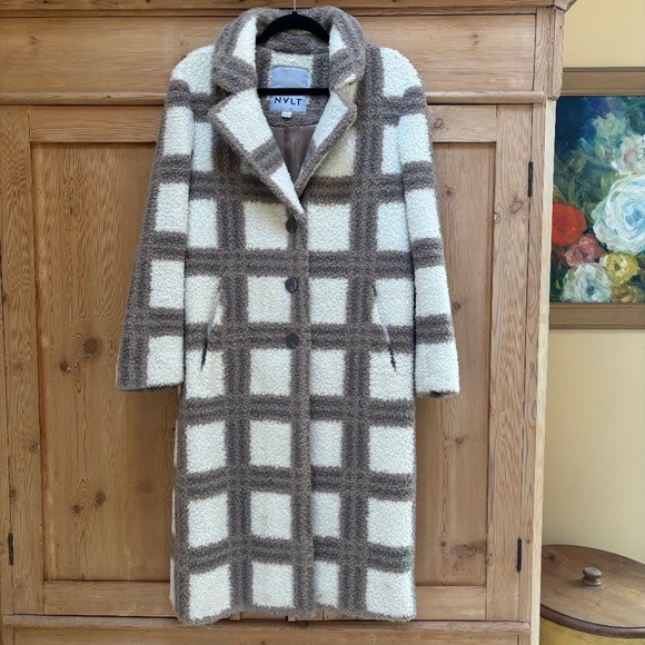 Anthropologie NVLT Crean Tan Plaid Long Teddy Coat Size S - Picture 1 of 16